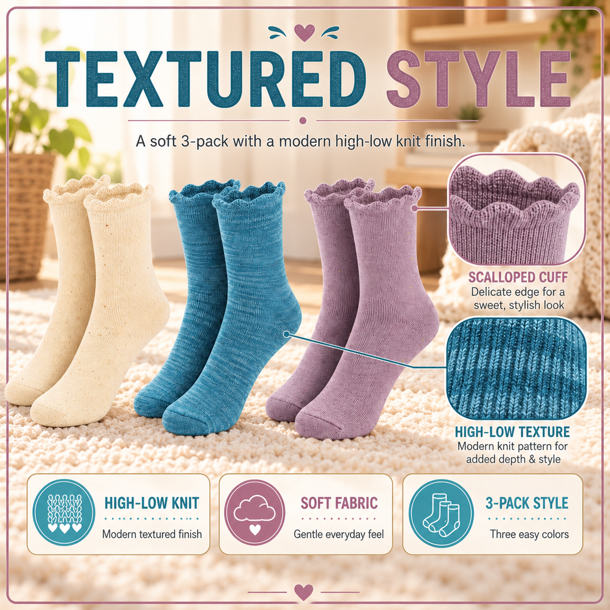 Girls' Ruffle Thermal Socks – 3 Pack