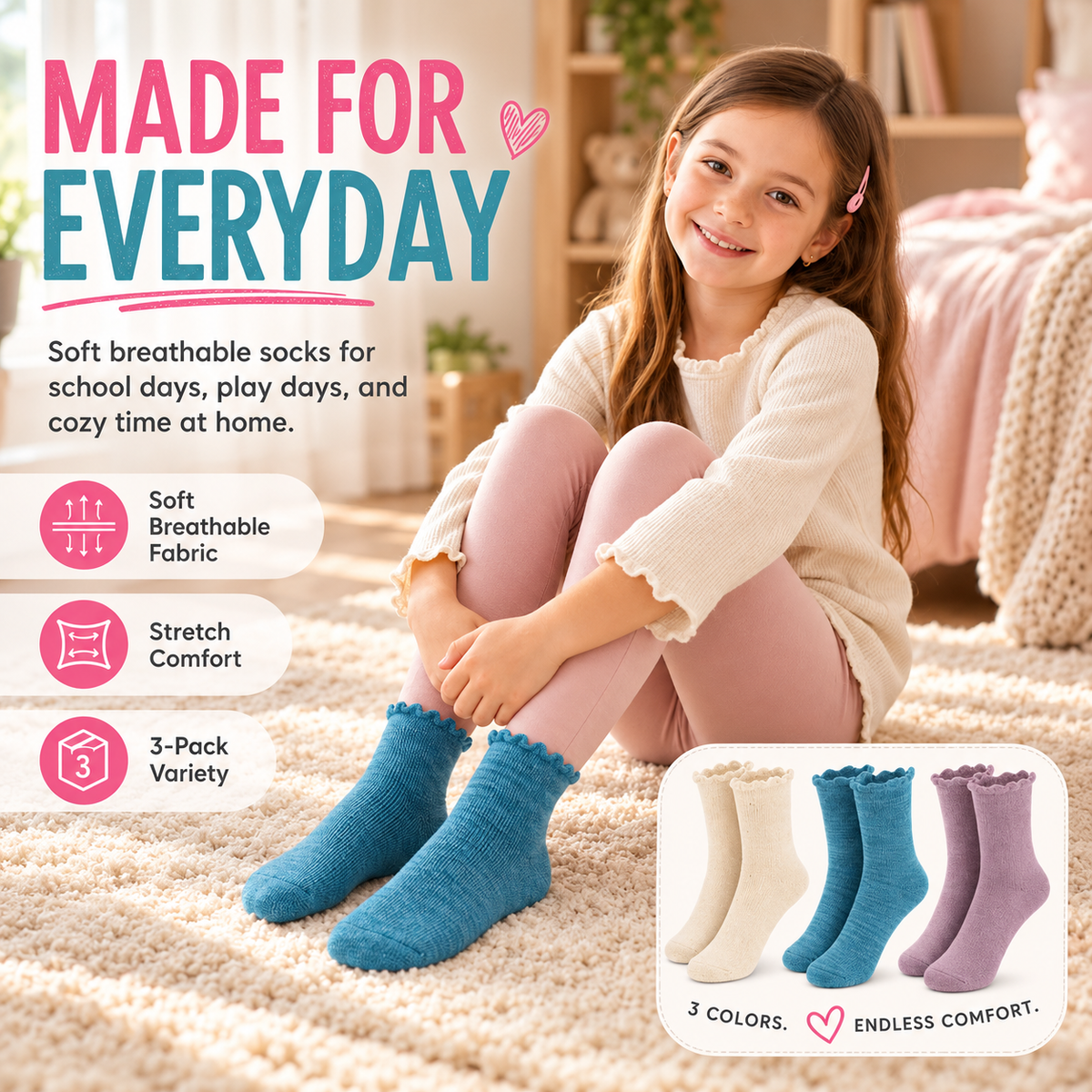 Girls' Ruffle Thermal Socks – 3 Pack